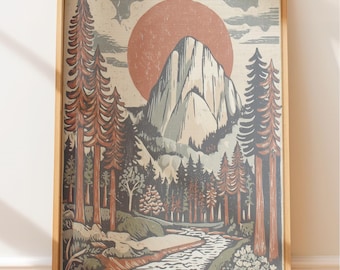 Linoleografia di paesaggio montano occidentale - Arte murale retrò, poster vintage, arte in stile nativo, arte popolare, montagna, stampa a blocchi, viaggio