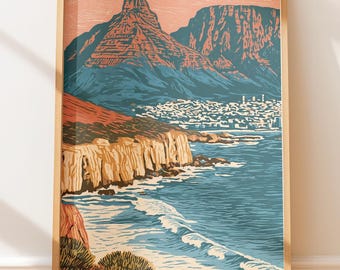 Póster vintage de Ciudad del Cabo, Sudáfrica, Montaña de la Mesa, ilustración de arte popular con estampado retro de viajes.