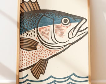 Poster vintage con arte della spigola, illustrazione costiera retrò da parete, arte in stile nativo, arte popolare con pesci, stampa su linoleum retrò, atmosfera western
