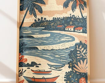 Vintage Tropical Beach Bay, Retro Travel Poster, Folk Art Block Print