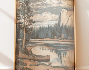 Canoa rustica in riva al lago - Arte in stile nativo, poster vintage di paesaggio sereno, arte murale retrò, stampa western, arte popolare