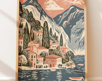 Póster de viaje vintage del lago Como, Italia, ilustración retro de arte popular impresa en bloque.