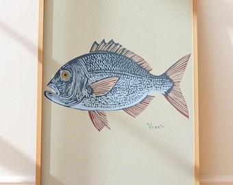 Nautical Dorade Royale Fish Art - Poster vintage costiero, arte murale retrò, stampa su linoleum, arte in stile nativo, arte popolare, occidentale