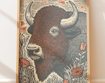 Folk Art Print Bison Head Linocut Art - Native Style Folk Art, Folk Wall Decor, Rustic Folk Style, Outdoors Aesthetic Retro Wall Art 919
