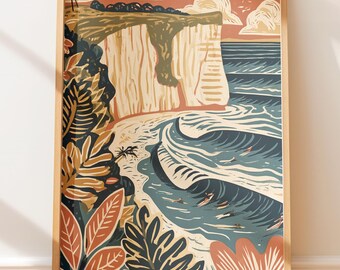 Scogliere costiere di Bali, spot per il surf, poster vintage, arte murale retrò, illustrazione di viaggio e arte popolare.