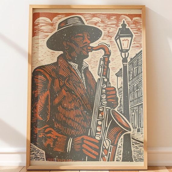 Vintage Jazz Noir Saxophonist Under Lamp - Retro Wall Art, Bold