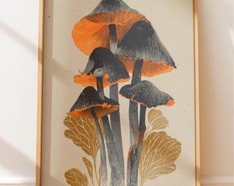 Inky Cap Pilz, Vintage botanische Gravur, Linolschnitt Natur Kunst