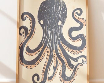 Plakat w stylu vintage z ośmiornicą w bloku – odważna sztuka ścienna w stylu retro, stylowa sztuka ludowa, ilustracja w stylu marynistycznym w stylu rdzennym, dramat zachodni
