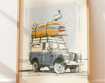 Vintage Travel Poster, 4X4 Surf Truck Surfboards Illustration, Retro Beach Decor, Island Vibes Art