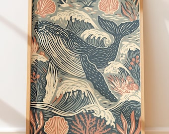 Vintage poster van een bultrugwalvis, retro blokdruk, volkskunst, reisdecoratie voor aan de muur.