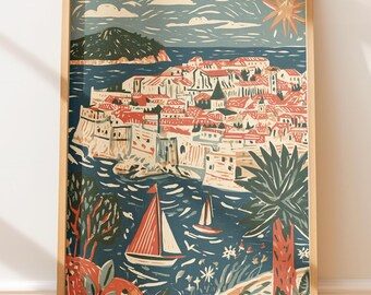 Póster vintage de Dubrovnik, Croacia, ciudad costera, viaje, estilo retro, impresión en linóleo.
