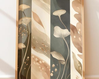 Mushroom Panel Art, Earthy Watercolor Botanical (Neutral Home Decor)