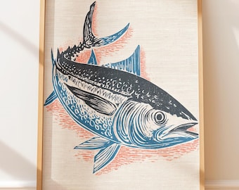 Stampa su linoleum di tonno pinna gialla - Poster nautico vintage, audace grafica marina, arte murale retrò, arte popolare in stile nativo