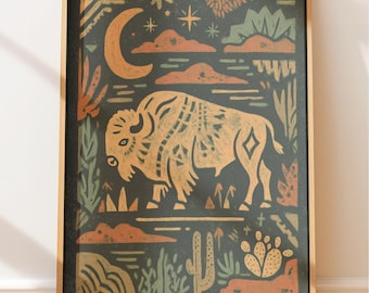 Western Buffalo Linocut Print: Vintage Desert Scene - Native Motif, Folk Art Style, Sunrise Colors