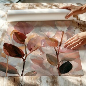 Abstract floral picture wall decor for a charming nook — warm taupe and sage accents blend beautifully in a soft, romantic style.