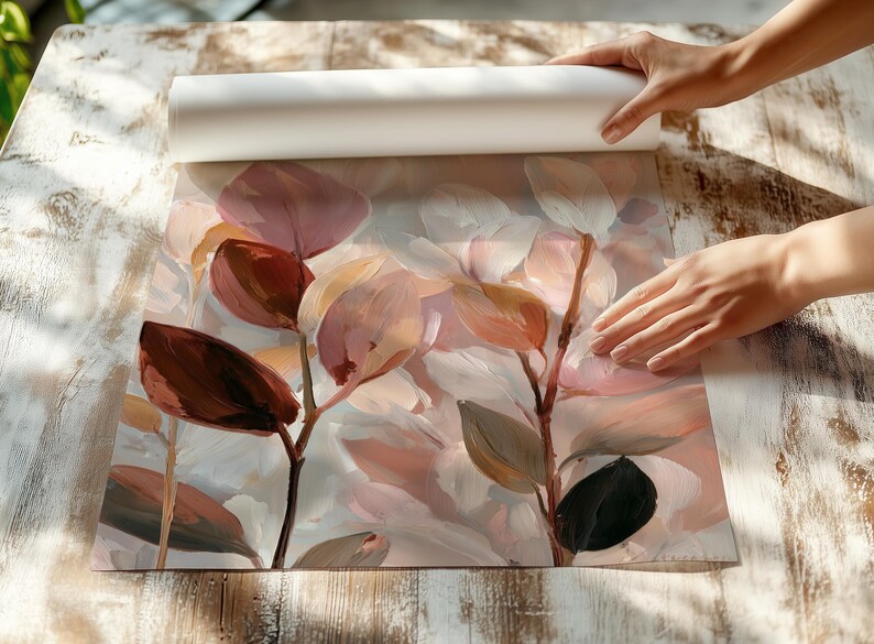 Abstract floral picture wall decor for a charming nook — warm taupe and sage accents blend beautifully in a soft, romantic style.