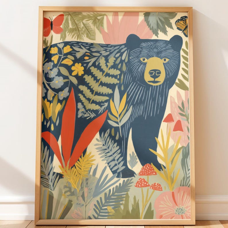 Toadstool Cora Navy Bear Woodland Botanical Wall Art, Retro Linocut Nursery Decor ...