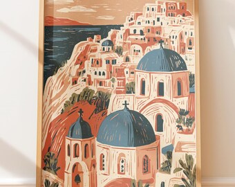 Plakat podróżniczy Santorini, Grecja, ilustracja retro vintage, sztuka ścienna z motywem wybrzeża Morza Śródziemnego