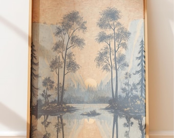 Poster vintage di una tranquilla alba in riva al lago - Arte murale retrò, arte in stile nativo, illustrazione vintage, arte popolare, stampa a blocchi western