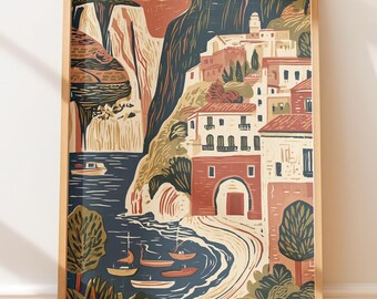 Póster de viaje vintage de la Costa Amalfitana, Italia, lámina de arte popular mediterráneo retro.