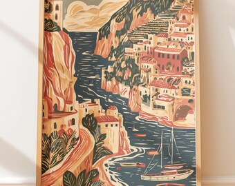 Póster de viaje vintage de la Costa Amalfitana, Italia, arte mural retro mediterráneo de estilo folclórico.