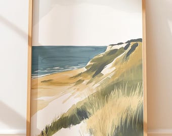 Dipinto di paesaggio costiero - Serena casa sulla spiaggia, tavolozza neutra con dune e oceano, stampa a guazzo malinconica
