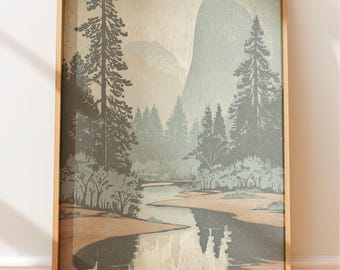 Poster vintage di un fiume serpeggiante attraverso una pineta - Stile retrò linoleografico e nativo, arte popolare, paesaggio western, stampa a blocchi, arte di viaggio