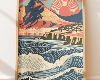 Paisaje costero de la Montaña de la Mesa de Ciudad del Cabo, póster retro vintage de viaje con impresión en bloque, ilustración de arte popular.