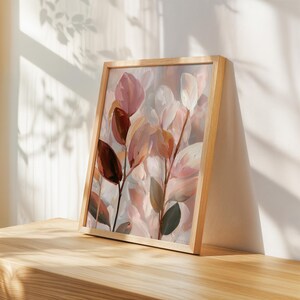 Oversized leaf painting art for a modern living room — cozy and neutral tones evoke a calming atmosphere with gentle gradients.