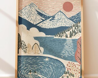 Amanecer en un lago alpino, póster de viaje con estampado de arte popular, ilustración retro en linóleo.