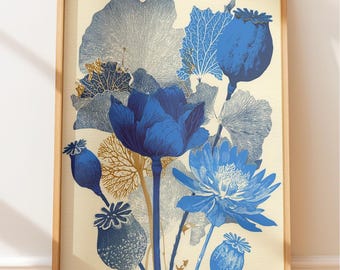 Vintage Poppy Pod Wandkunst - Dark Academia Navy Blau und Gold