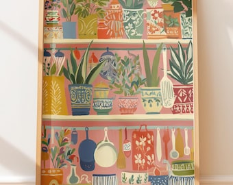 Colorful Kitchen Shelf Painting - Cottagecore Farmhouse Art, Cheerful Lifestyle Illustration with Potted Plants & Ceramics, Travel Art
