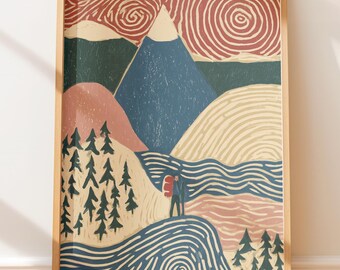 Póster vintage de excursionista en la cresta de la montaña, arte mural retro de viajes, impresión en bloque.