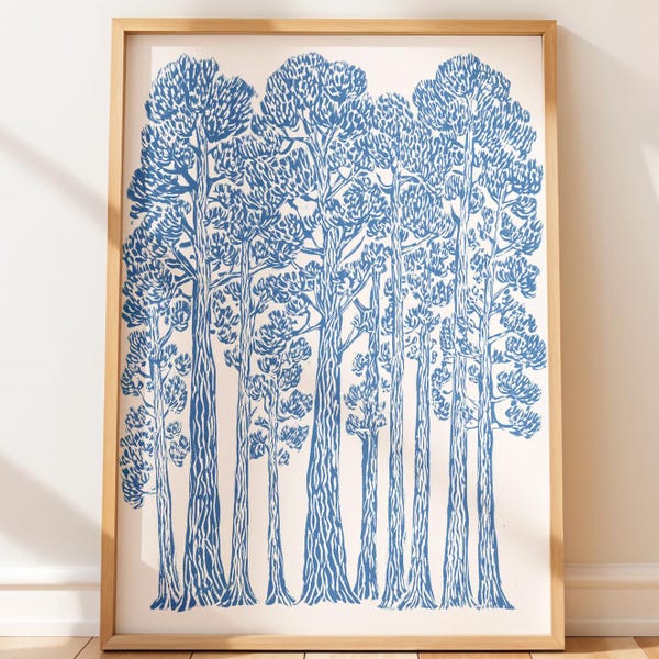 Gravura em linóleo para parede: Árvores rústicas escandinavas - Minimalista em azul e branco