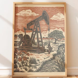 Vintage Poster of Western Pump Jack at Sunset - Native Style Art, Retro Wall Art, Texas Landscape, Vintage Illustration, Rustic Charm