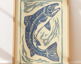 Plakat vintage z skaczącym łososiem – druk linorytniczy w stylu retro, sztuka w stylu rodzimym z wodą, sztuka ludowa zachodniego wybrzeża, ilustracja vintage