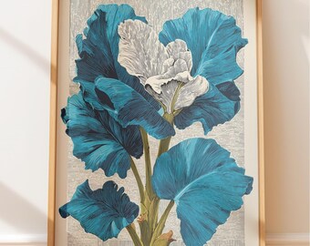 Vintage botanische Gravur: Petrol und dunkelblaue Blumenkunst