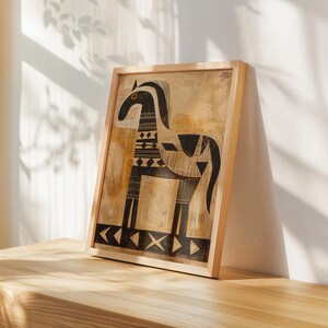 Horse figure digital print for cozy living spaces — simple folk art style featuring earthy colors and stunning tribal motifs.