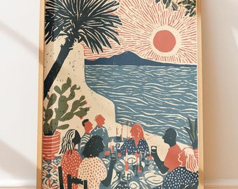 Vintage Poster Mediterranean Terrace Sunset Gathering Folk Art Travel Wall Art