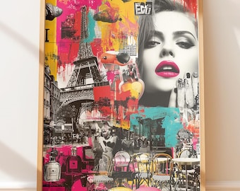 Pop-artowy wydruk: Paryski glamour, portret kobiety – odważny, retro-chicowy wydruk sztuki ulicznej z intensywnie różowymi ustami, wieżą Eiffla, zabawną dekoracją ścienną, kolażem