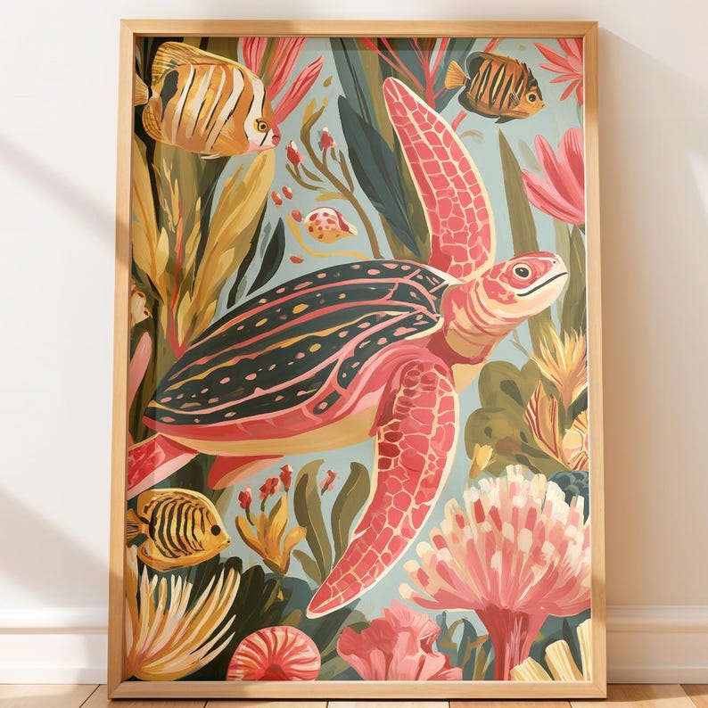 Whimsical Sea Turtle Coral Reef, Colorful Watercolor Illustration Kids ...