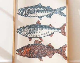 Plakat w stylu vintage z sardynkami – sztuka ścienna w stylu retro, rustykalna ilustracja ryby, sztuka w stylu rodzimym, dekoracja z ludowego druku blokowego, linoryt w stylu vintage