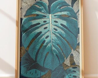 Dark Academia Monstera Blatt Druck, Petrol Navy Gold (Botanische Kunst)