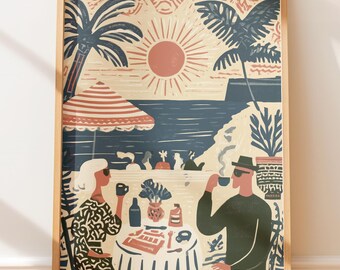 Plakat w stylu vintage: kawiarnia nad morzem, wschód słońca, sztuka ścienna w stylu retro, druk blokowy, ilustracja ludowa