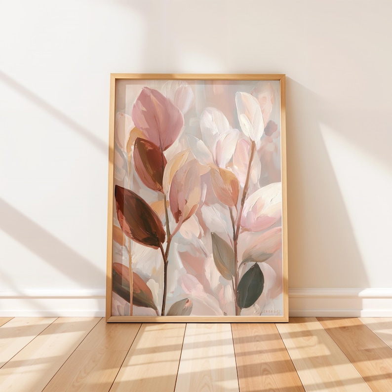 Elegant botanical art for a relaxed dining space — layered shapes and a pastel palette create a modern, cottagecore-friendly aesthetic.