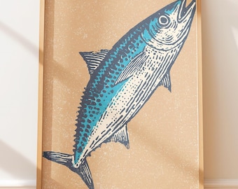Retro Lino Mackerel Art - Hand-Carved Nautical Print, Coastal Vintage Illustration, Rustic Folk Art Block Print, Dynamic Fish Pose