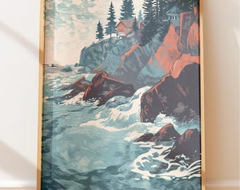 Scogliere costiere vintage con onde che si infrangono - Stampa su linoleum retrò, scena nautica rustica, arte popolare, decorazione murale in stile western