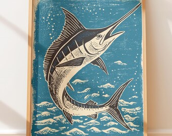 Retro Lino Marlin Block Print - Ilustracja plakatu w stylu vintage, Sztuka ludowa w stylu marynistycznym, Sztuka nadmorska w stylu rodzimym, Sztuka ścienna w stylu retro, Dekoracja podróżna