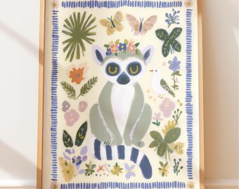 Ring-Tailed Lemur Nursery Art Print: Colourful Watercolor with Flowers