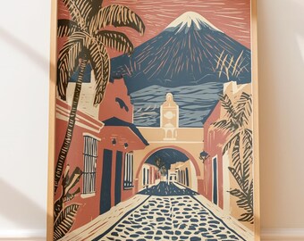 Póster vintage de la calle Antigua Guatemala, arte mural retro, ilustración de viaje con estampado de arte popular de estilo nativo